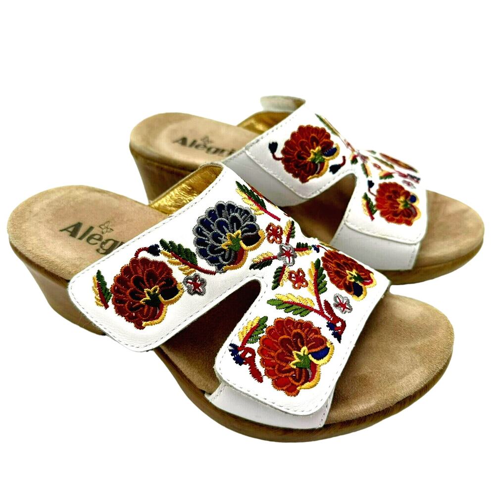 ALEGRIA Women's 7.5 White Linn Embroidered Floral Clog Leather Sandals Shoes